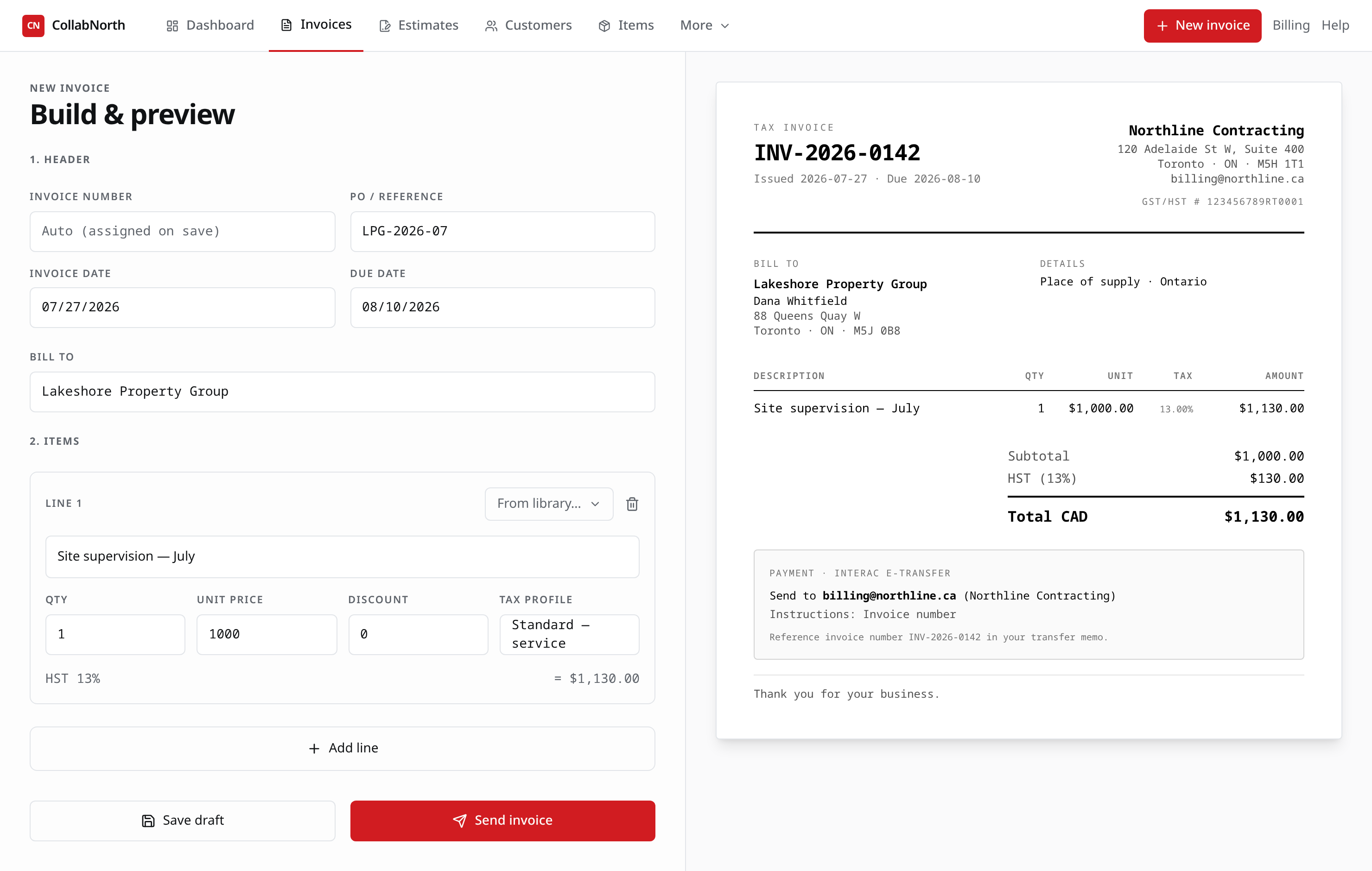 CollabNorth invoice builder with live PDF preview