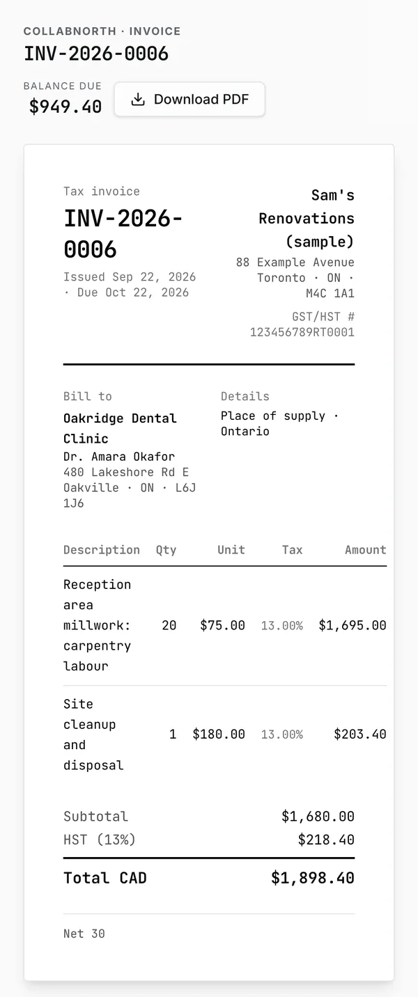A sample invoice on a phone, with 13% HST and Interac e-Transfer details