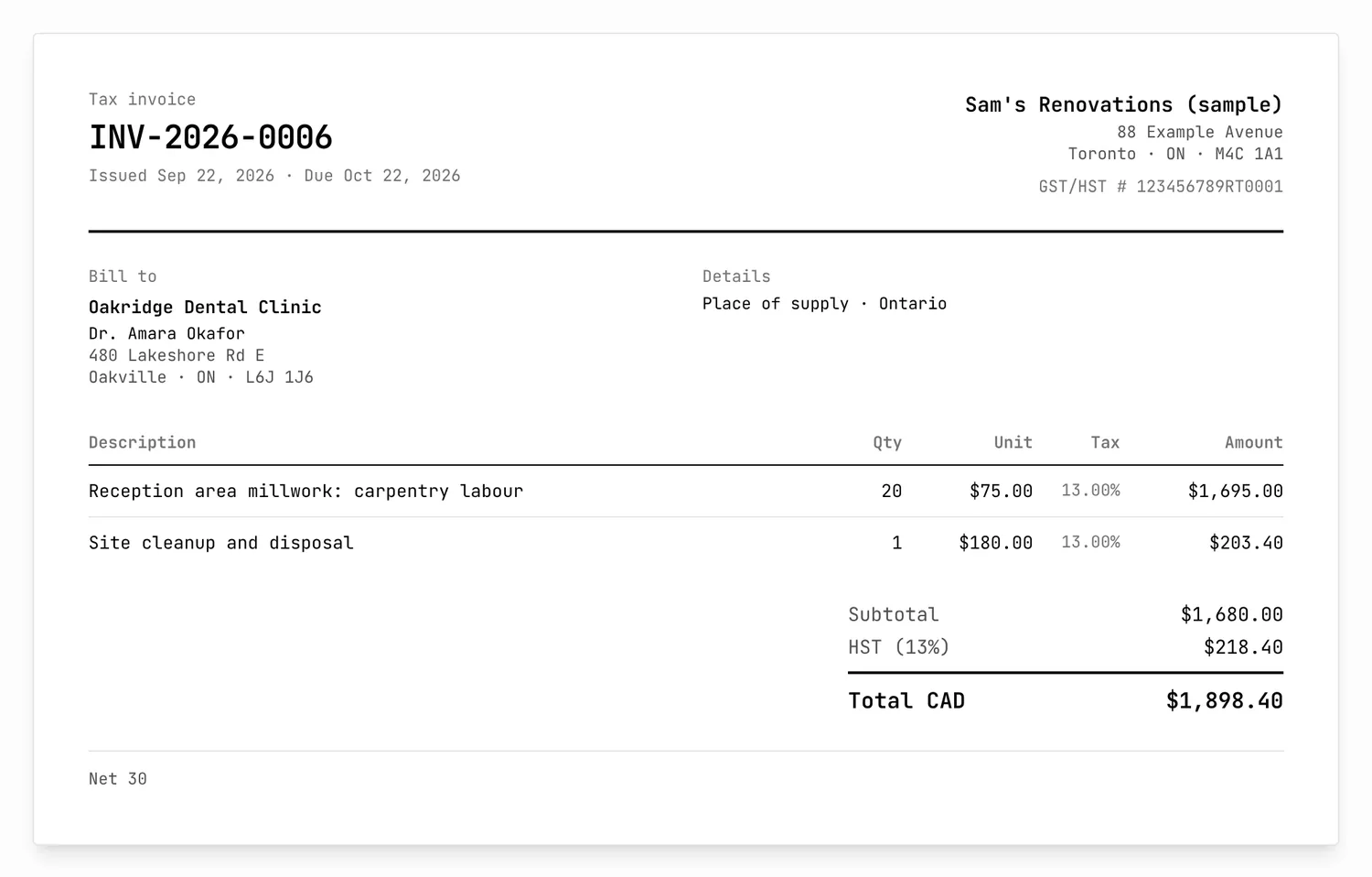 A sample invoice in CollabNorth