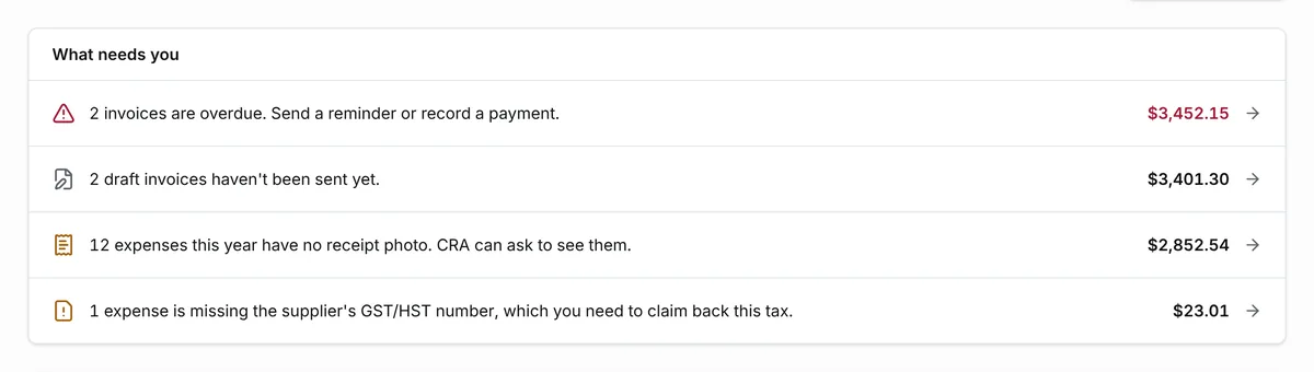 Home shows 12 expenses without a receipt photo and 1 missing a supplier GST/HST number